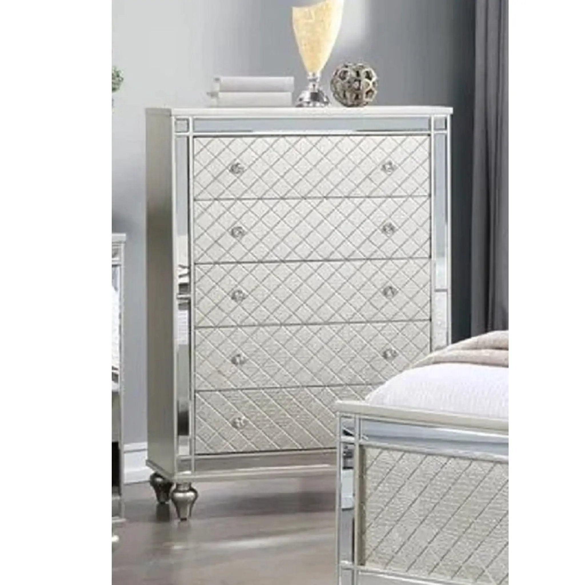 5 Drawer Bedroom Chest With Diamond Patterned Fronts - Silver by HouseOfZazla