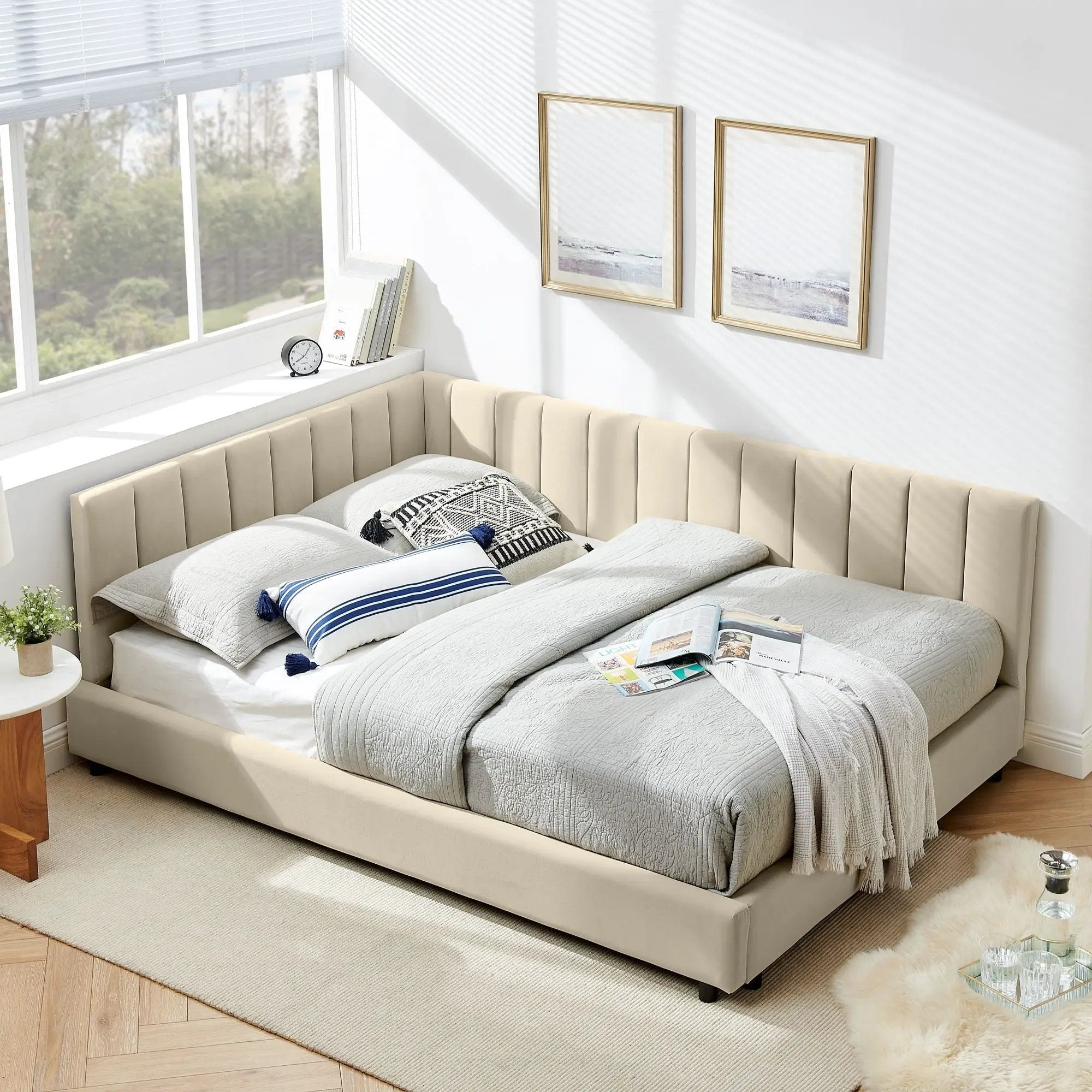 Mid-Century Upholstered Tufted Bed Frame with Backrest and Armrests by HouseOfZazla