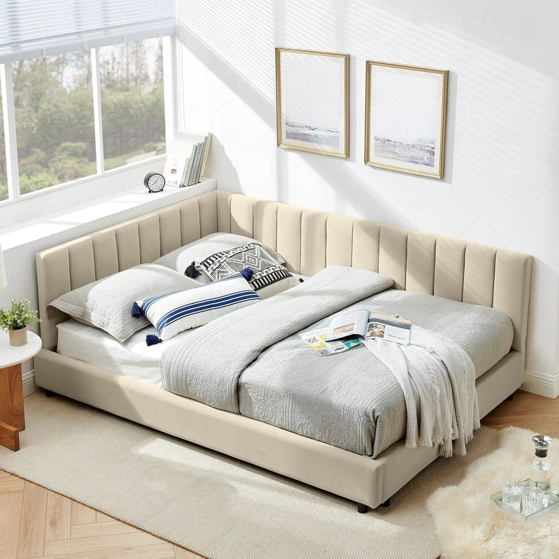 Mid-Century Upholstered Tufted Bed Frame with Backrest and Armrests by HouseOfZazla