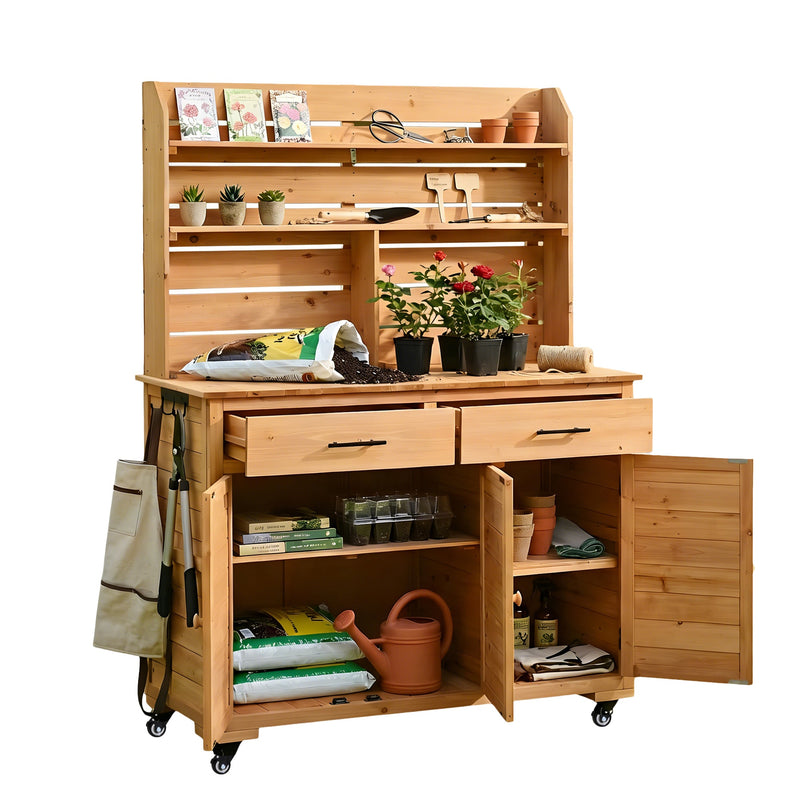 TOPMAX 65''H Large Garden Potting Bench with Lockable Wheels and Storage Cabinet by HouseOfZazla