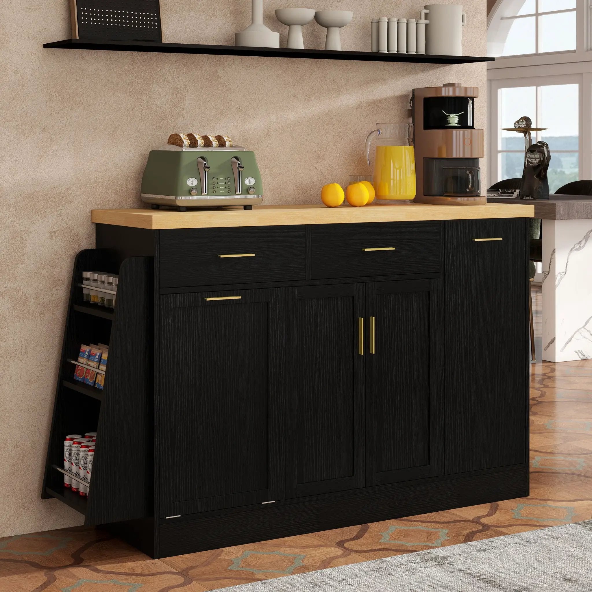 Kitchen Sideboard With Sliding Door Cabinet, 3 Tier Spice Rack by Unique Piece Furniture