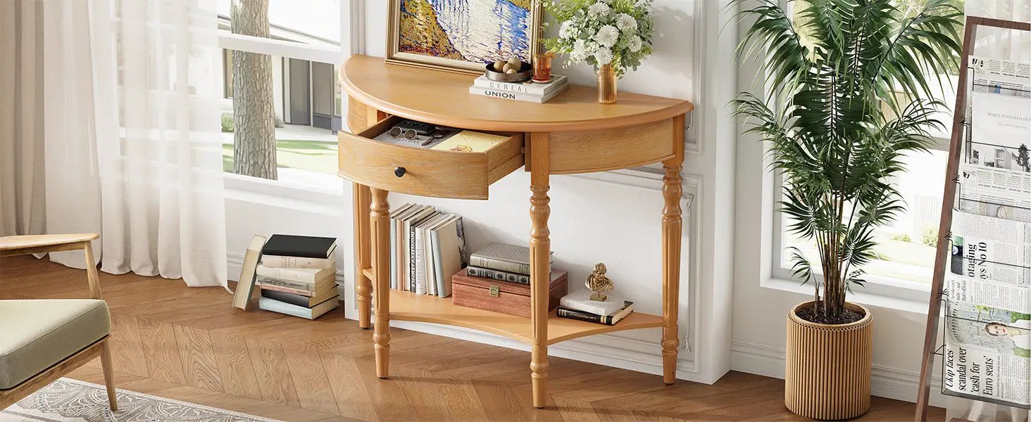 TREXM Farmhouse Half Moon Console Table with Drawer & Shelf by HouseOfZazla
