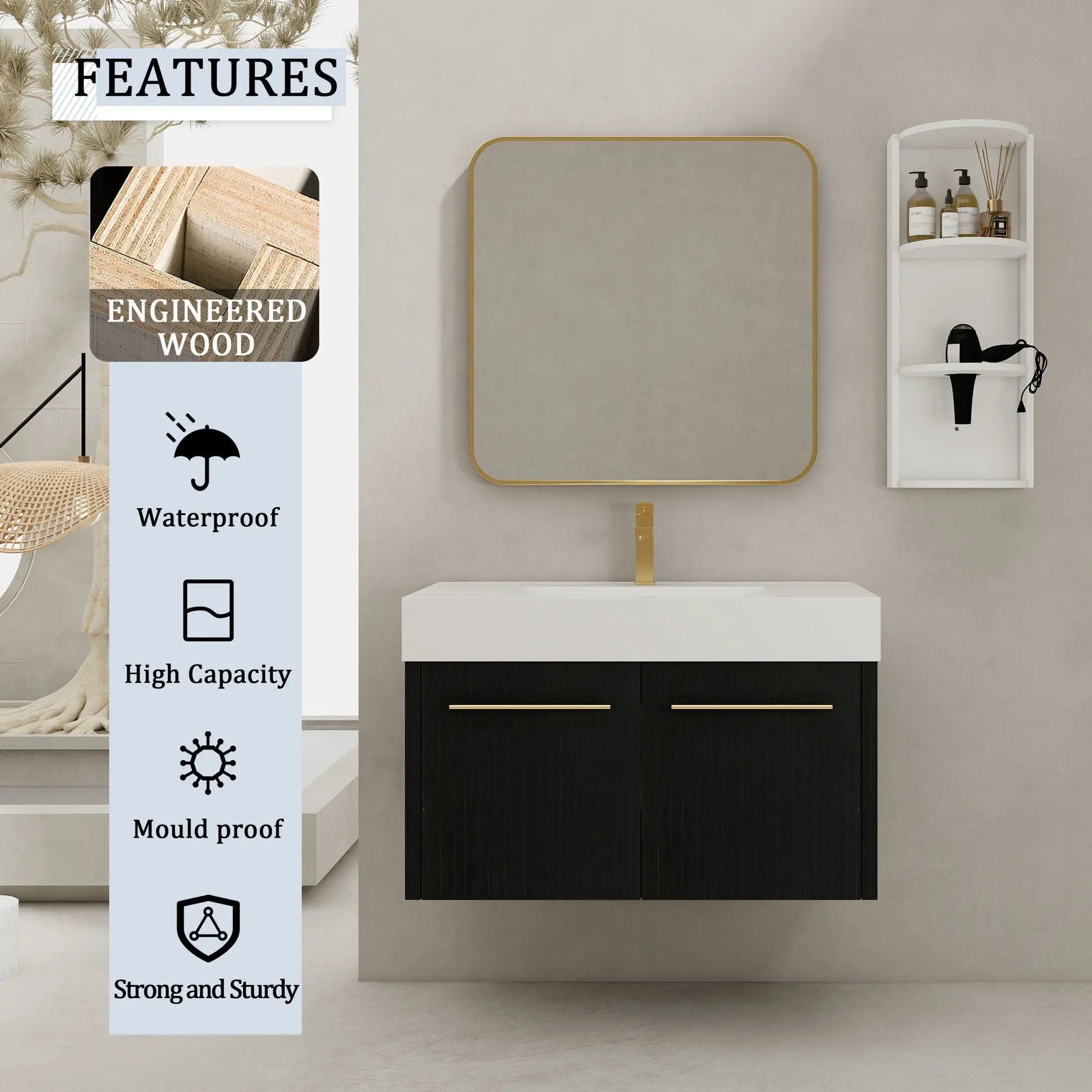 Modern Wall Mounted Bathroom Vanity With Thick Edge Resin Sink And Storage Rack by Unique Piece Furniture