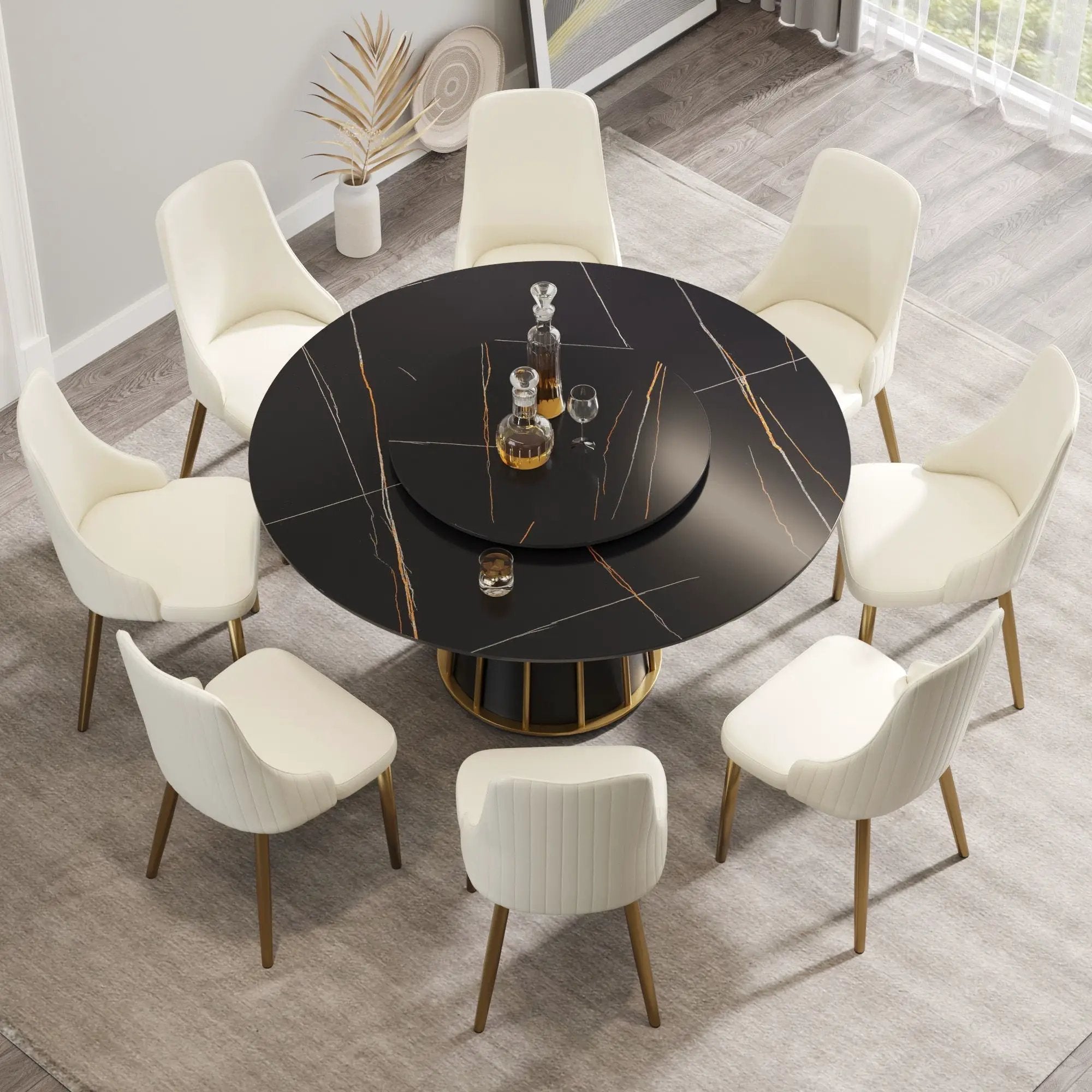 Modern Artificial Stone Round Metal Iron Base Dining Table, Can Accommodate 8 People Artificial Stone Turntable (Not Including Chairs) - Black by HouseOfZazla