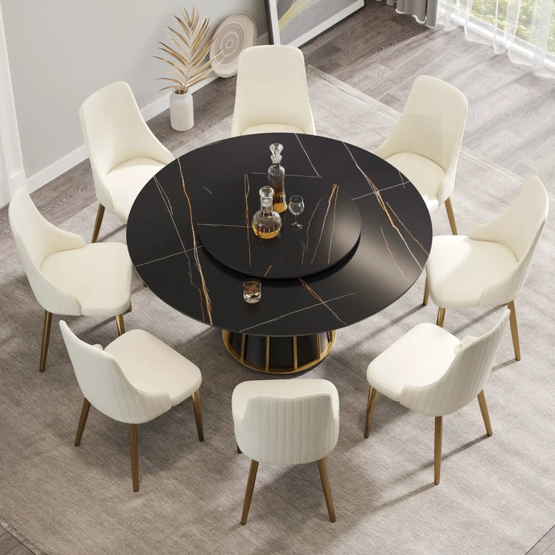 Modern Artificial Stone Round Metal Iron Base Dining Table, Can Accommodate 8 People Artificial Stone Turntable (Not Including Chairs) - Black by HouseOfZazla