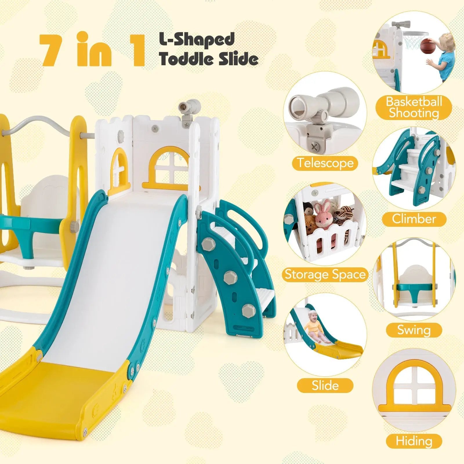7-in-1 Toddler Swing and Slide Set L-shaped with Ladder and Basketball Hoop by DirectDeals