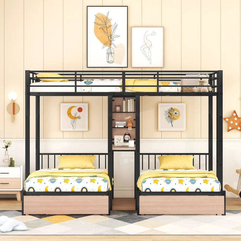 Triple Bunk Bed With Drawers, Multi-Functional Frame With Desks And Shelves In The Middle by HouseOfZazla