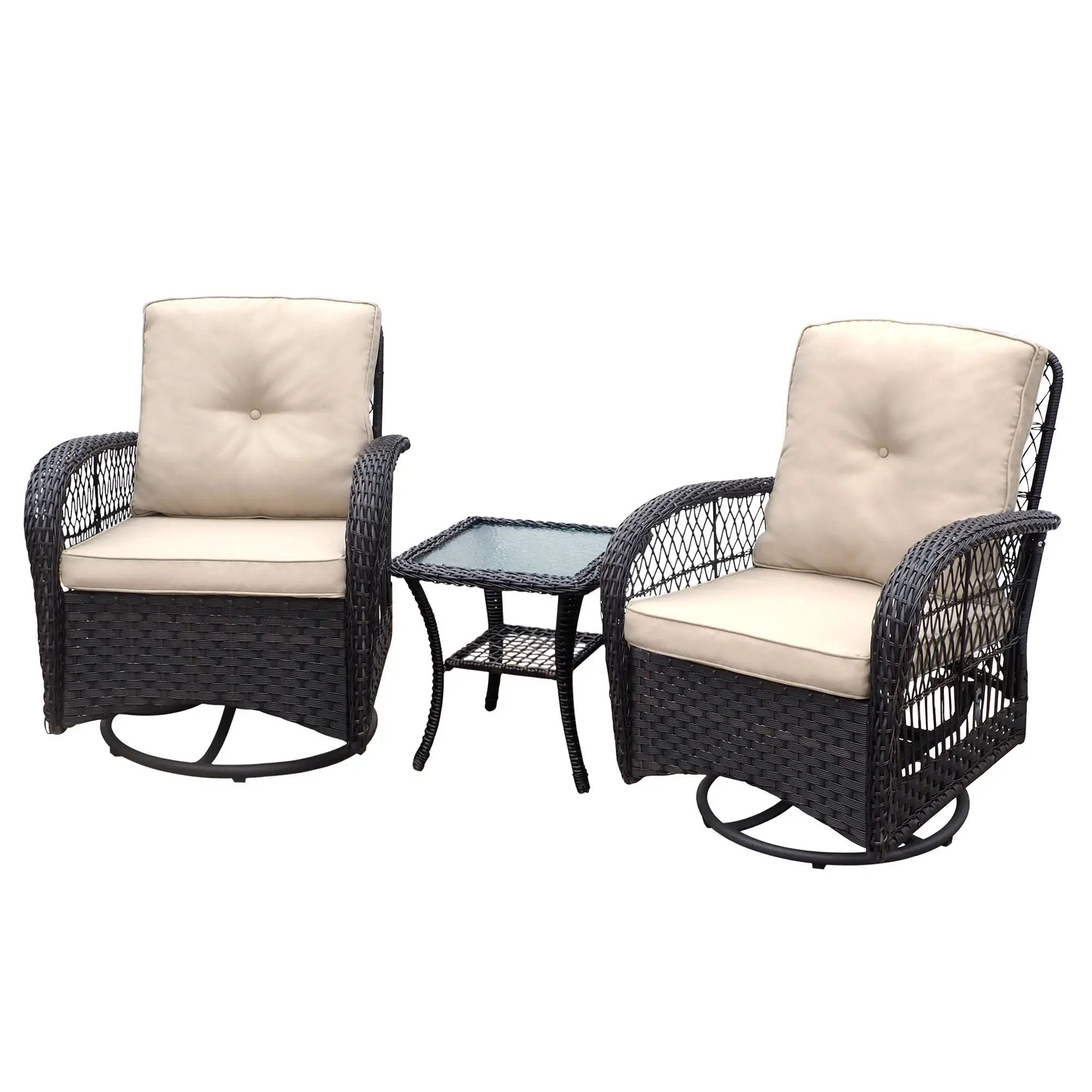 3 Pieces Conversation Set, Outdoor Wicker Rocker Swivel Patio Bistro Set, Rocking Chair With Glass Top Side Table by HouseOfZazla