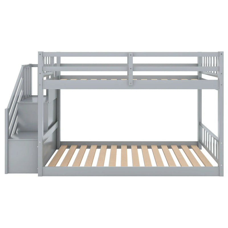 Twin Over Twin Floor Bunk Bed, Ladder With Storage by HouseOfZazla