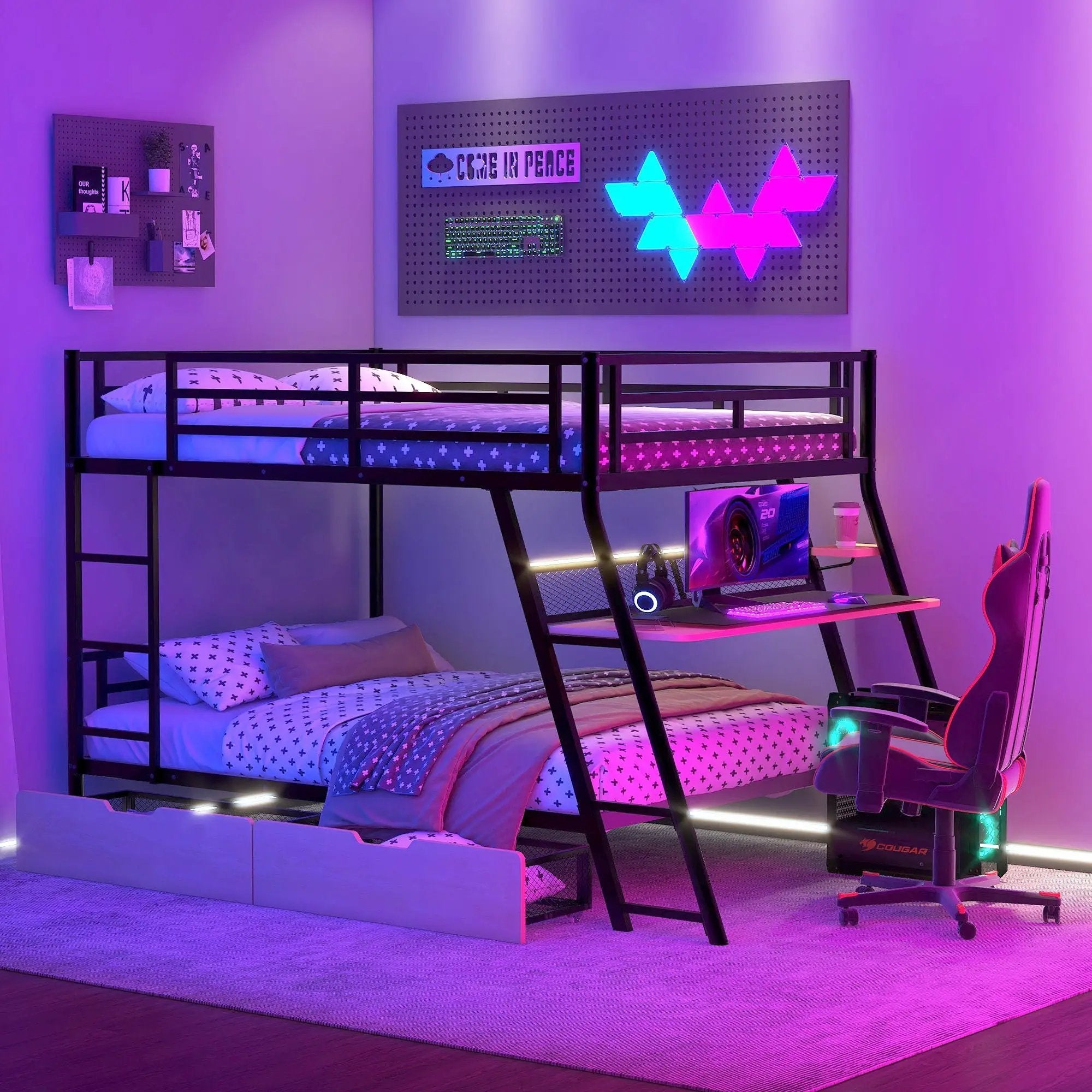 Full Size Bunk Bed With Built In Desk, Light, And 2 Drawers - Black by Unique Piece Furniture