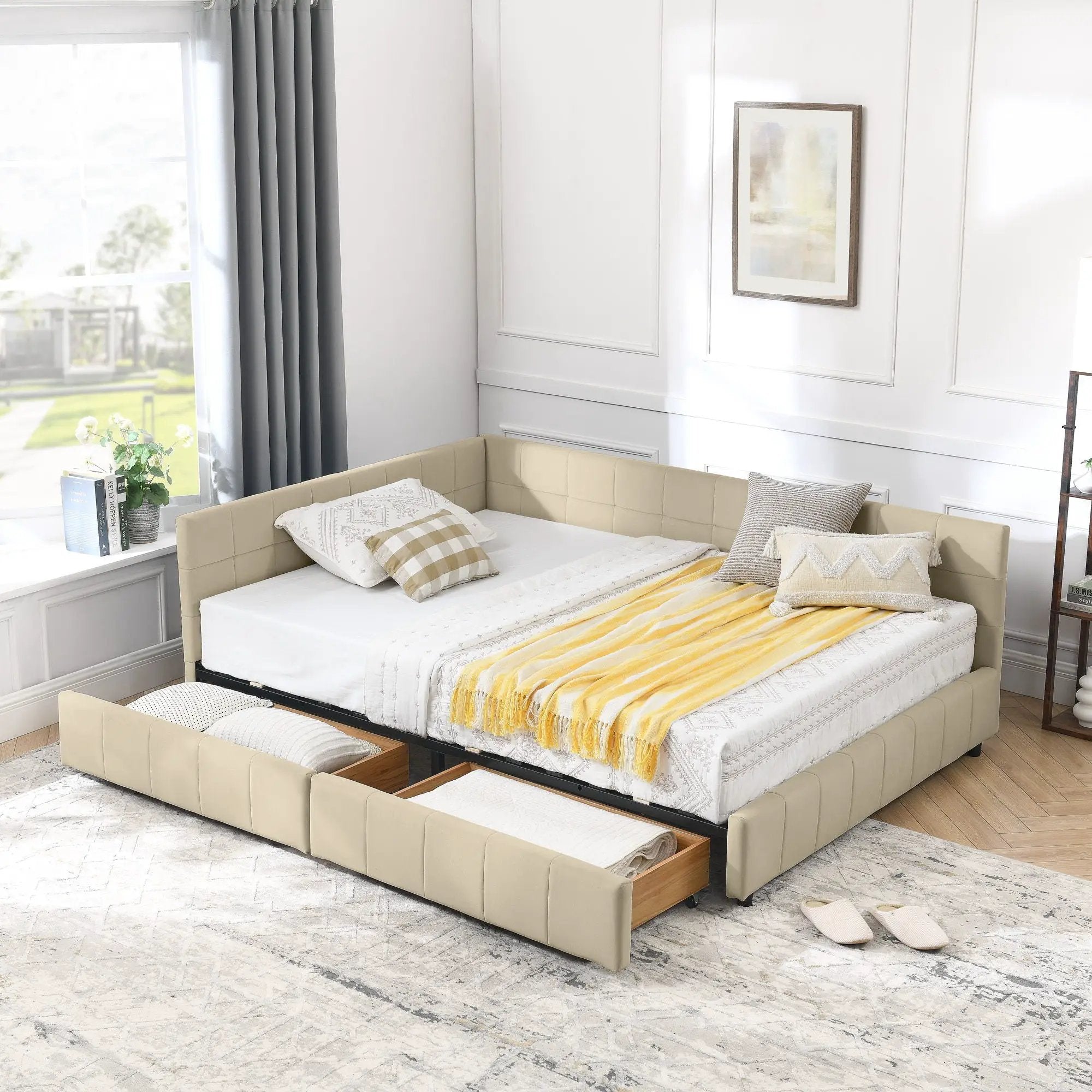 Mid-Century Storage Upholstered Tufted Bed Frame With Backrest And Armrests by HouseOfZazla