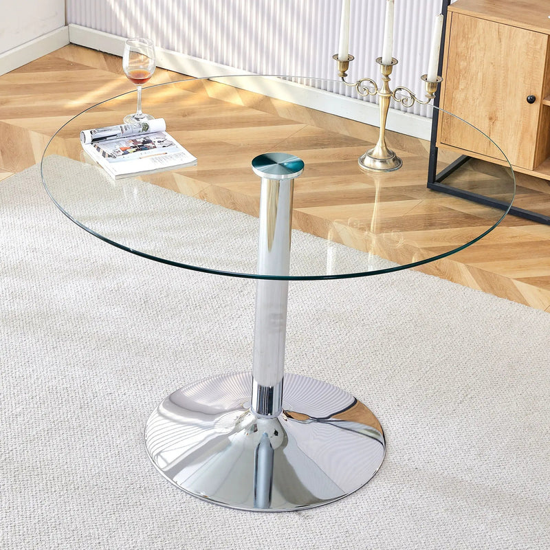 Modern Minimalist Circular Dining Table With Glass Top And Electroplated Metal Legs For Restaurants And Living Rooms - Silver / Transparent by HouseOfZazla