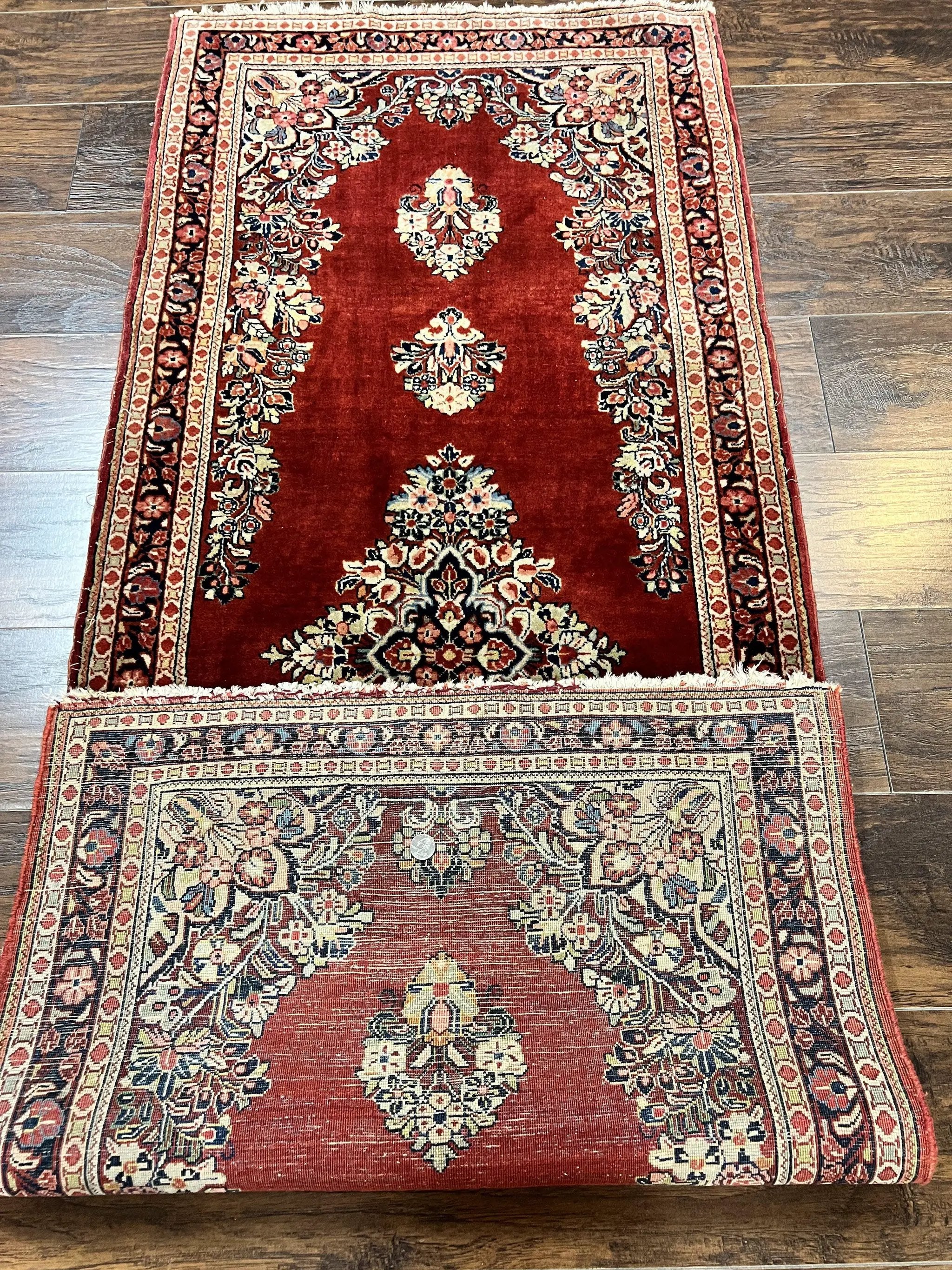 Persian Sarouk Runner Rug 2.7 x 6, Semi Open Field, Red, Handmade Hand Knotted, Wool Oriental Carpet, Vintage Semi Antique by Jewel Rugs