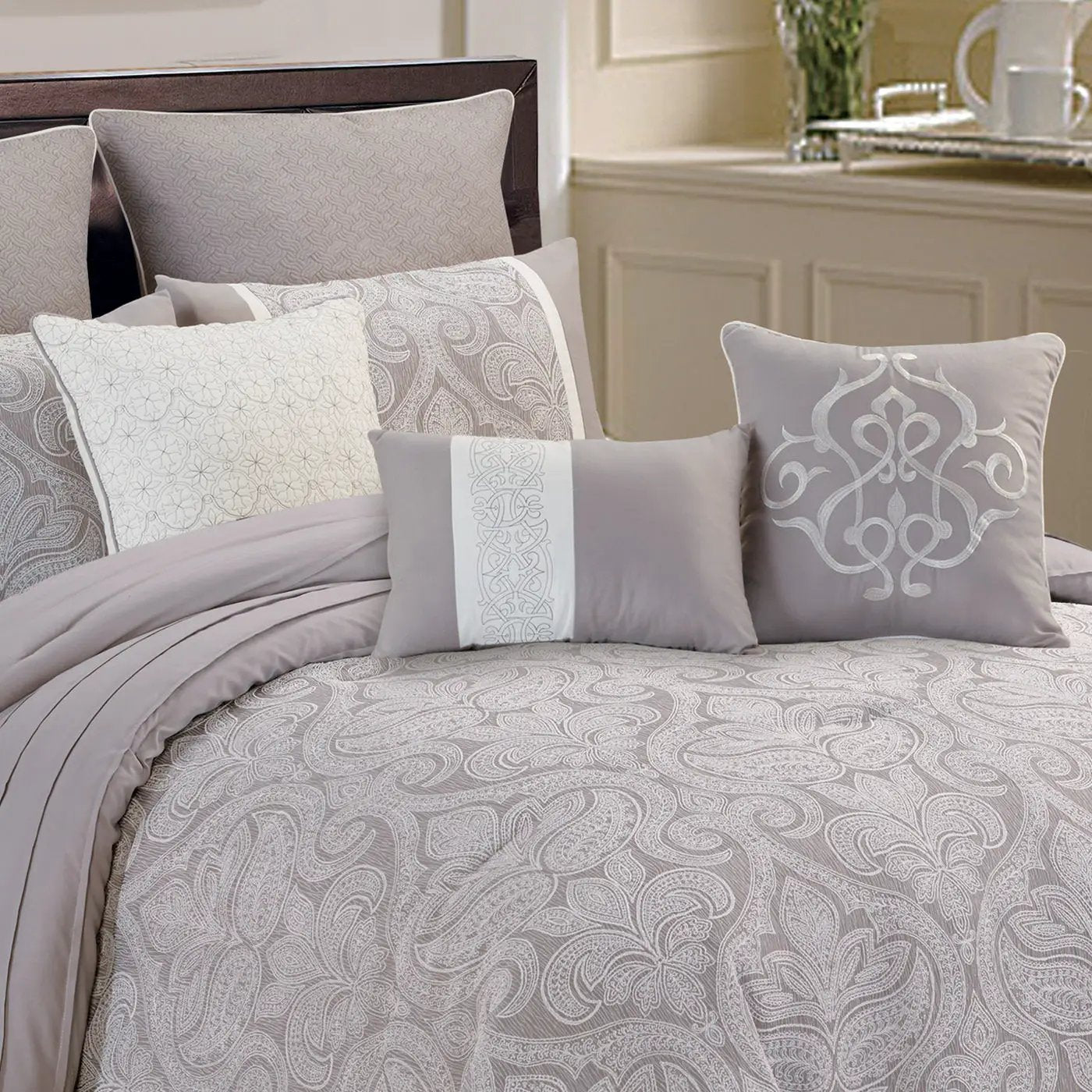 Winthrop Grey Damask Jacquard 9 Pc Comforter Set by HouseOfZazla