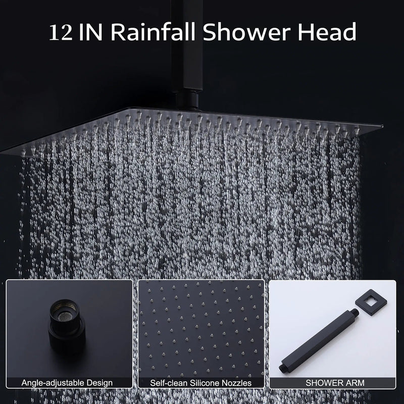 Contemporary Shower System With 12" Rainfall Head And Handheld Spray, Wall Mounted
