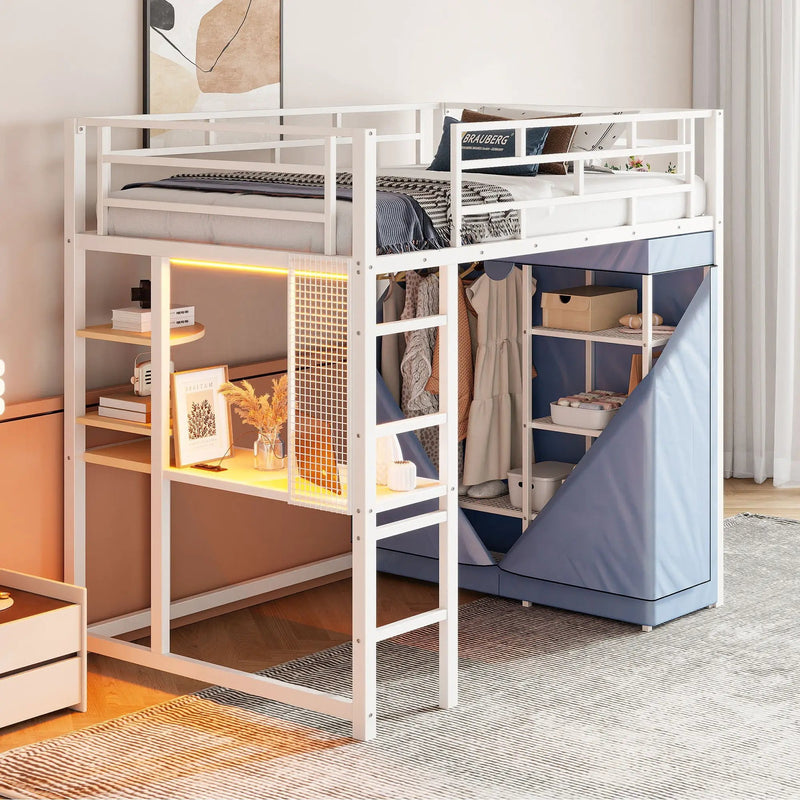 Loft Bed With Desk, Shelves, Power Outlet, LED Light And Wardrobe by HouseOfZazla