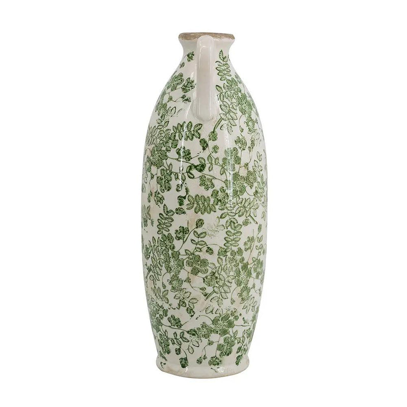 5.9x5.9x15.6' White Ceramic Flower Vase with Green Floral Pattern and Small Handles by HouseOfZazla