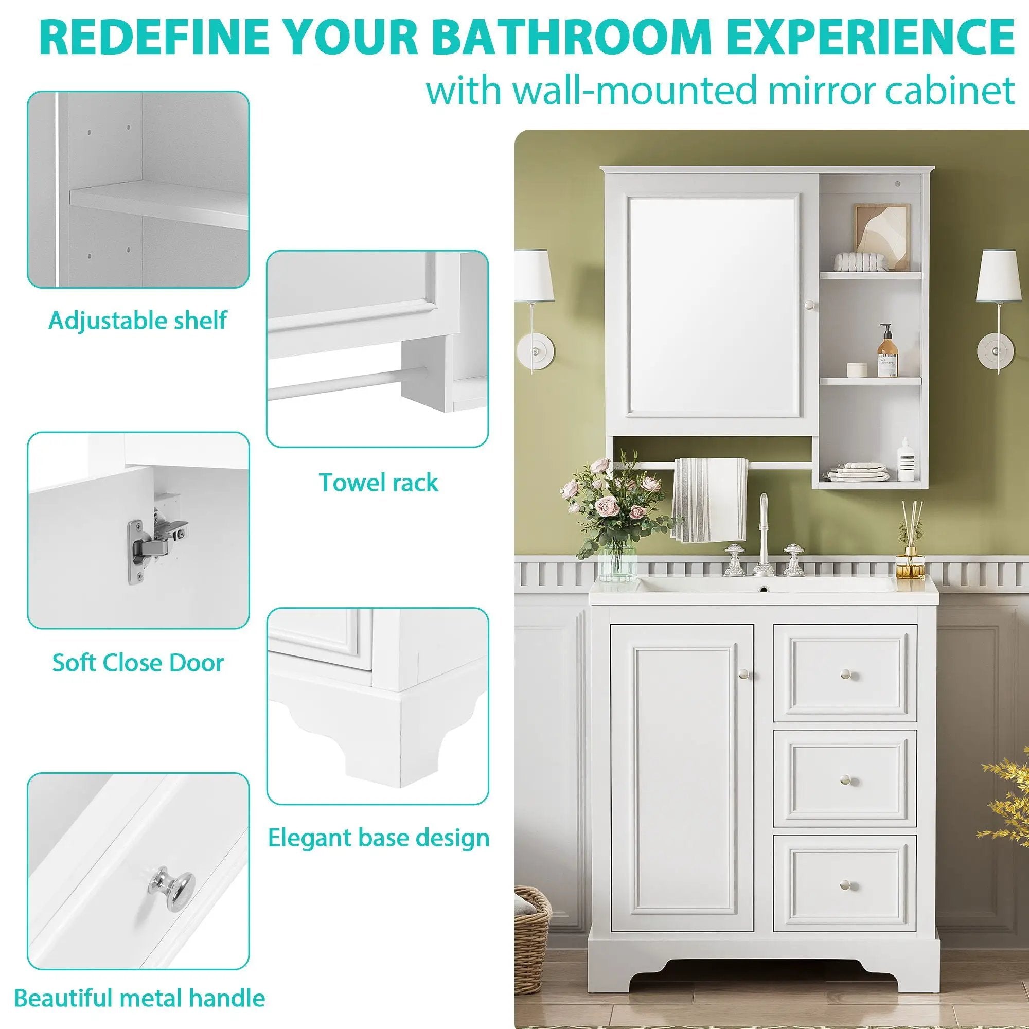 Bathroom Vanity With Sink, Modern Elegant Bathroom Storage Cabinet With 3 Drawers And Adjustable Shelves, Freestanding Vanity Set With Mirror Cabinet, Single Sink Bathroom Vanity by HouseOfZazla