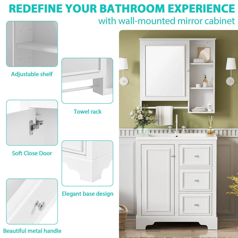 Bathroom Vanity With Sink, Modern Elegant Bathroom Storage Cabinet With 3 Drawers And Adjustable Shelves, Freestanding Vanity Set With Mirror Cabinet, Single Sink Bathroom Vanity by HouseOfZazla