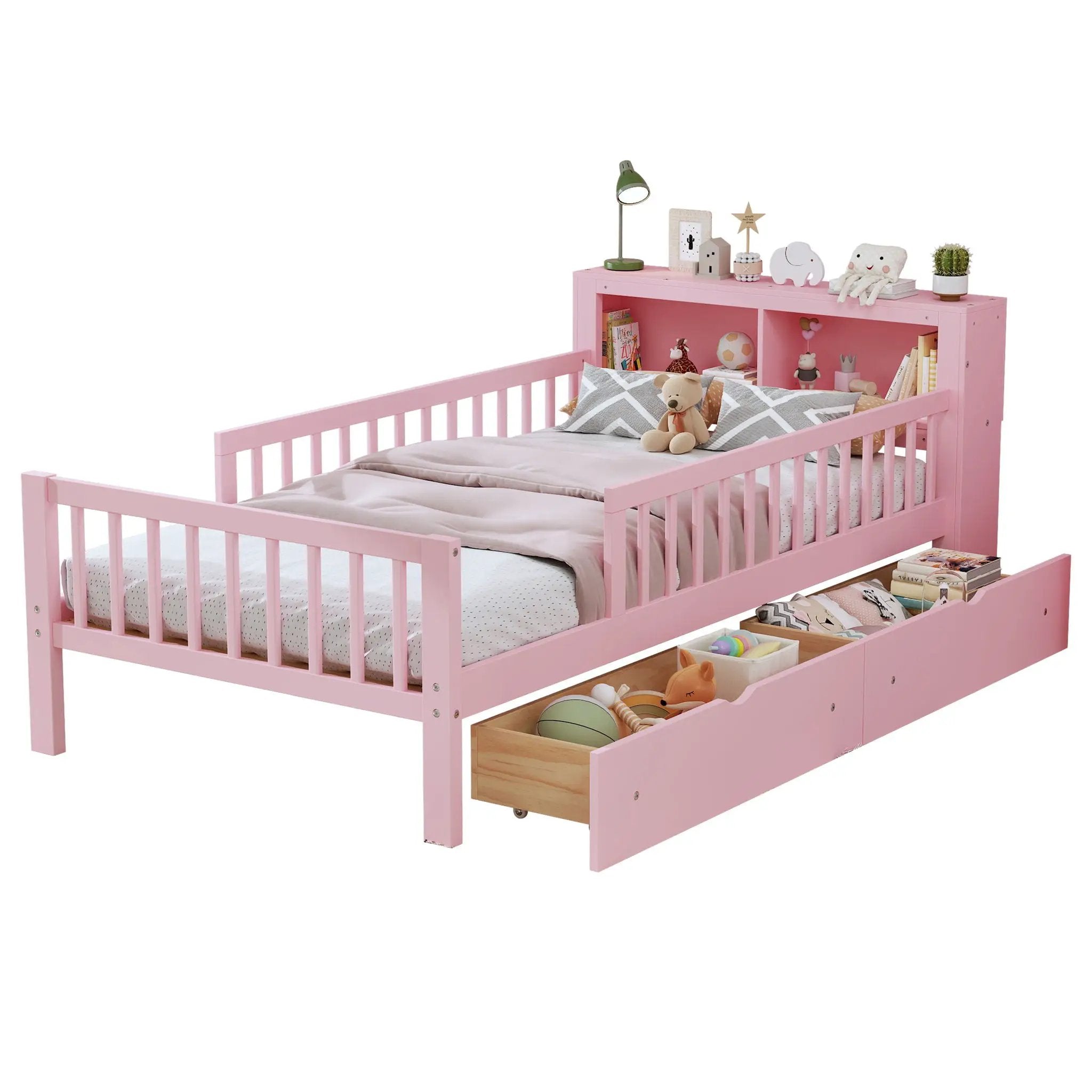 Bed With Headboard Storage Rack, 2 Under Bed Drawers, 3 Side Guardrails For Safety by HouseOfZazla