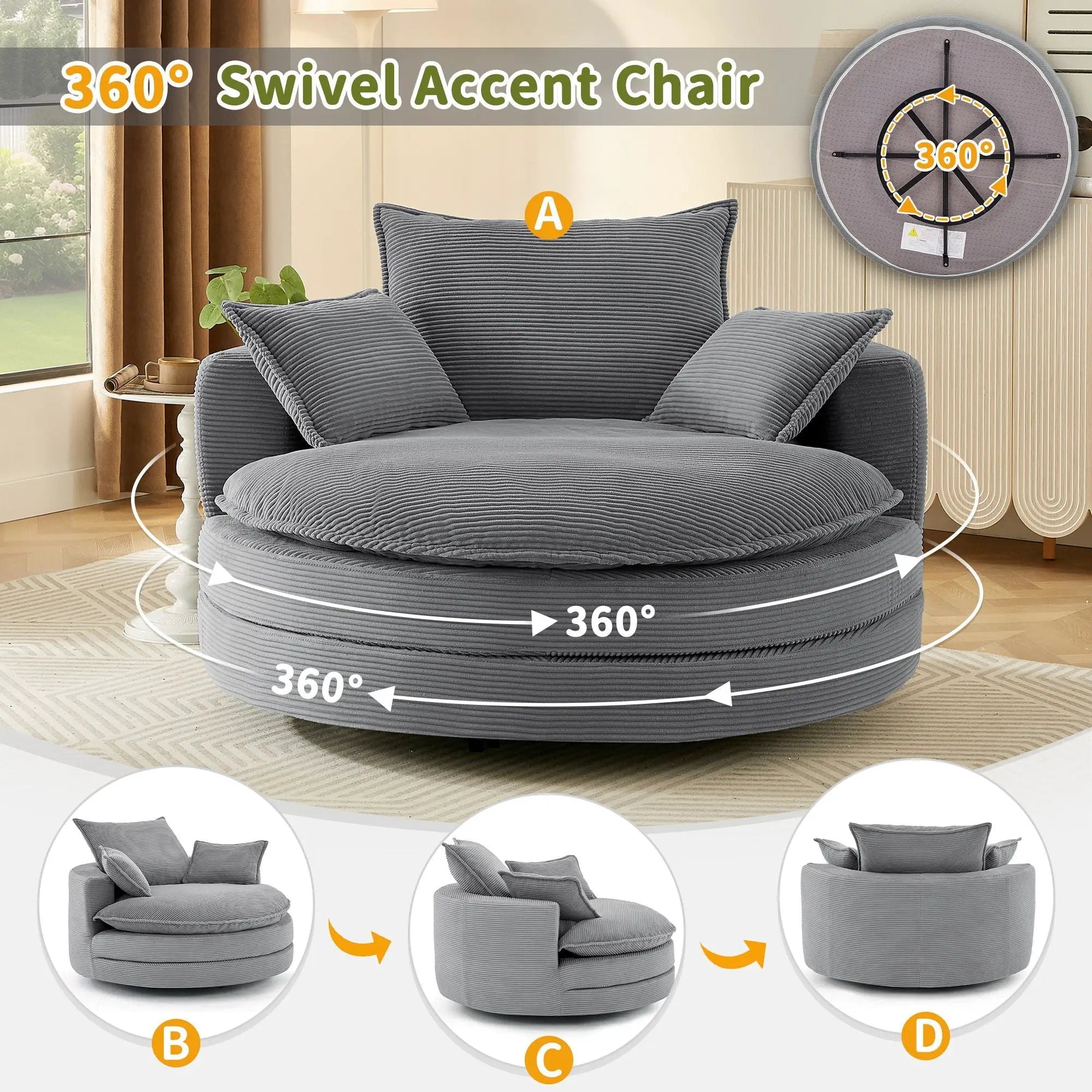 360° Swivel Accent Barrel Chair With Dual Layer Cushion And 3 Removable Pillows by HouseOfZazla