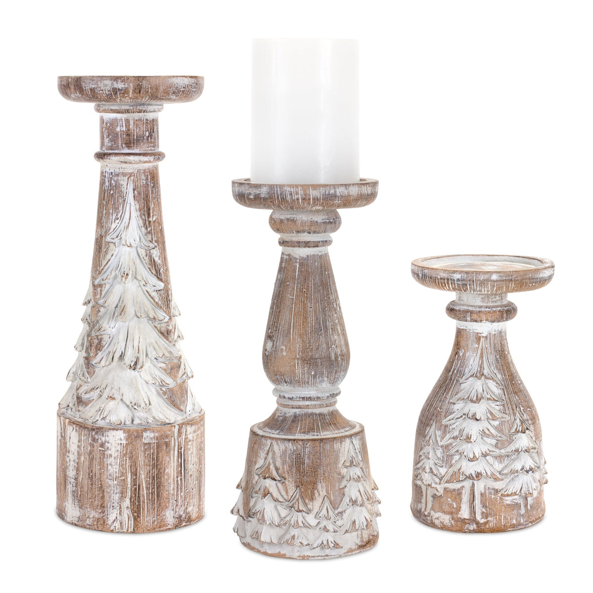 White washed carved pine tree design candle holder (set of 3)