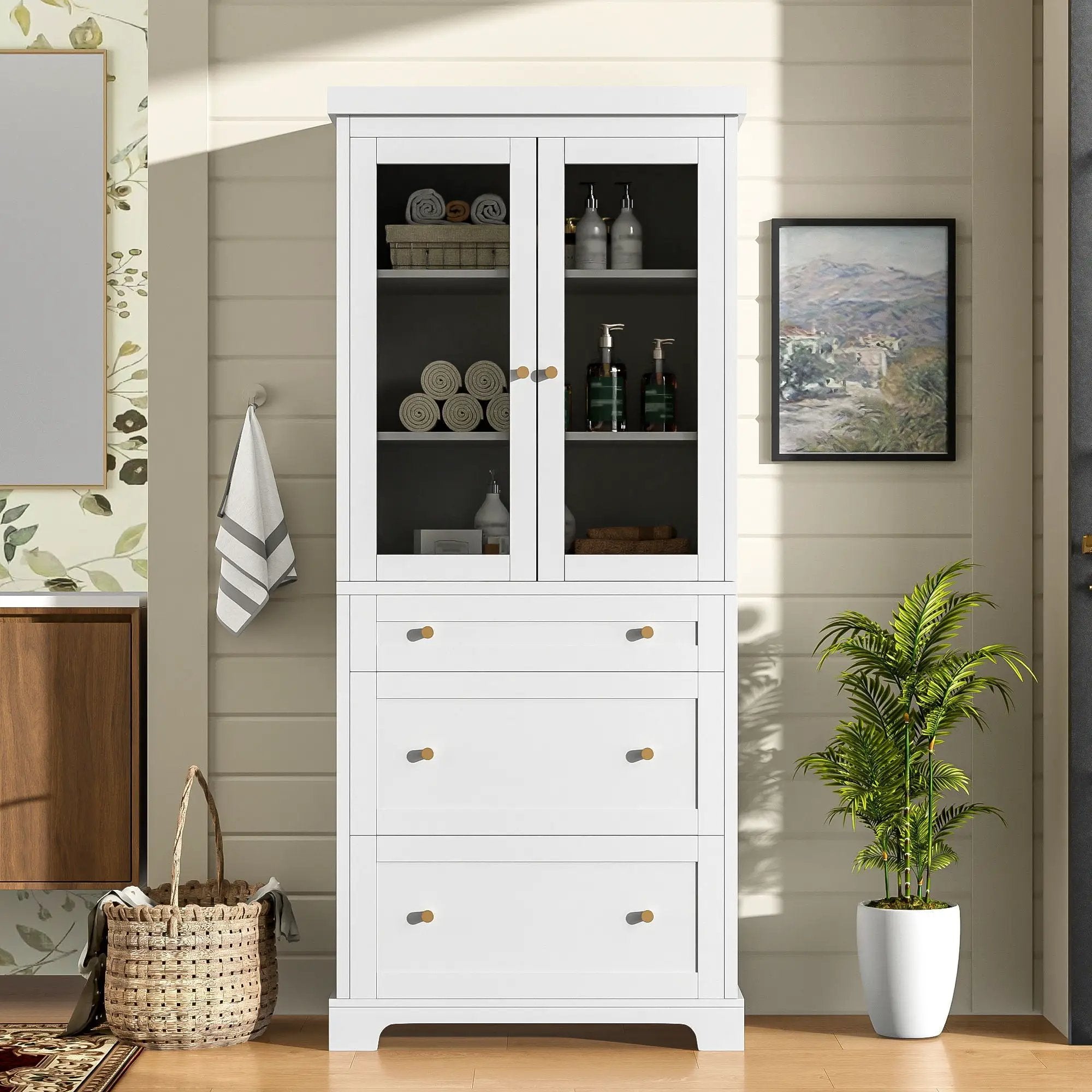 Freestanding Tall Bathroom Cabinet With Adjustable Shelves, Drawers, Soft Close Glass Doors by HouseOfZazla