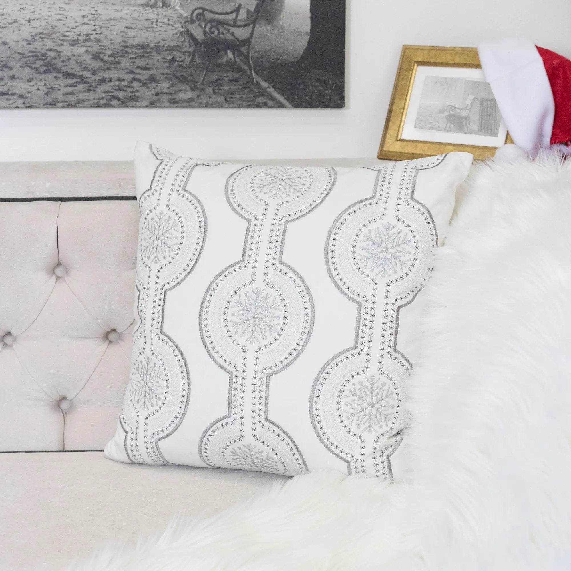 White Holiday Embroidered Velvet Throw Pillow with Insert 20x20 Set of 2 by HouseOfZazla