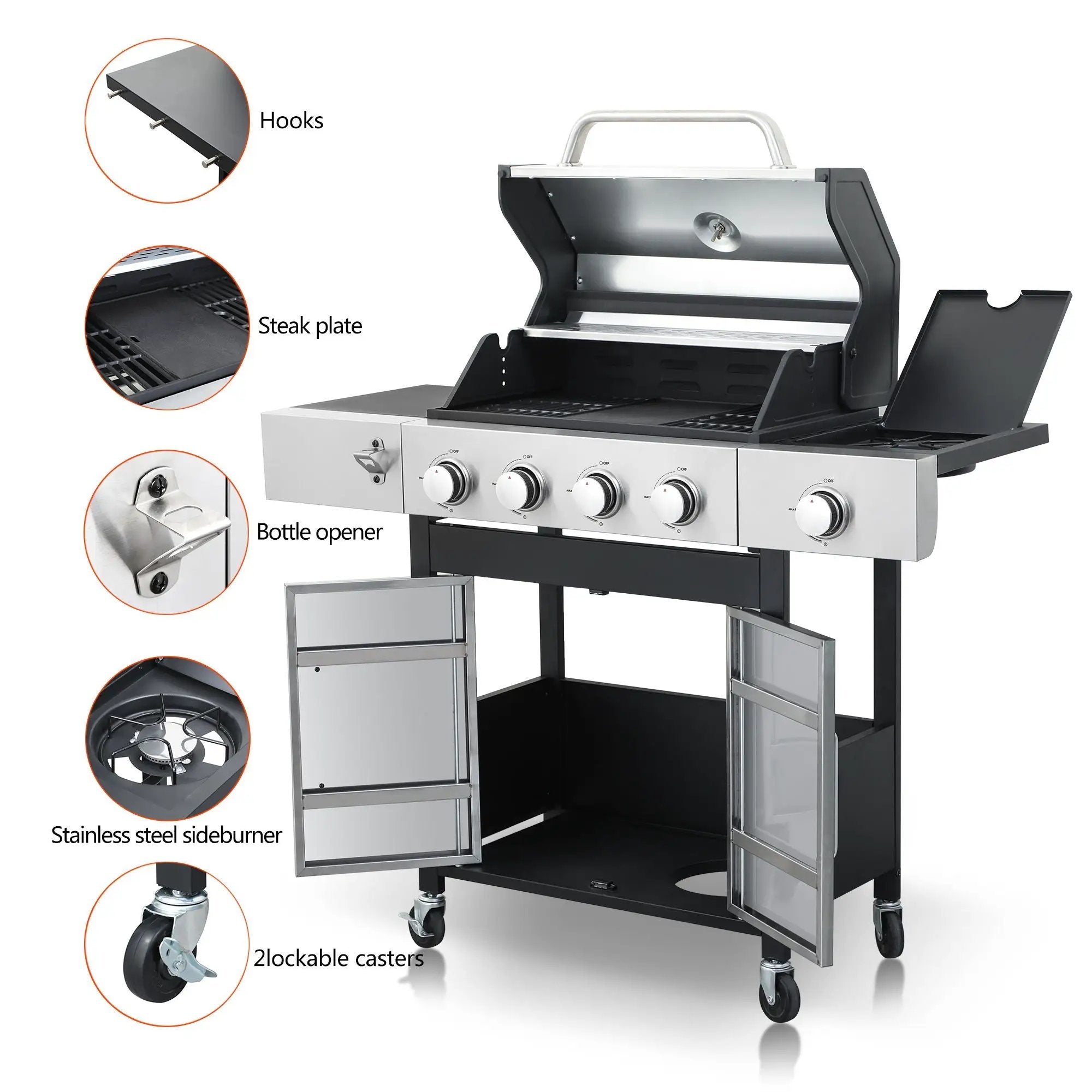 4 Burner Propane Gas Bbq Grill With Side Burner, 46790Btu Output With Enameed Cast Iron Cooking Grids For Outdoor Barbecue, Stainless Steel - Black / Silver by HouseOfZazla