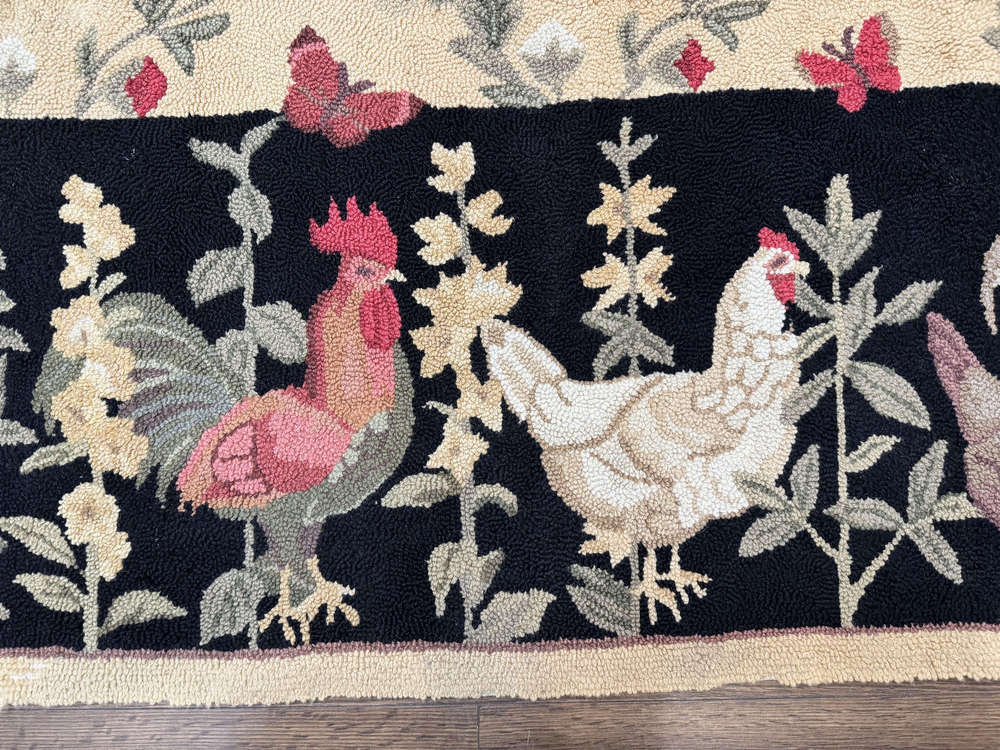 Vintage Hooked Rug 7x9, Rosters in Border, Roses and Butterflies by Jewel Rugs