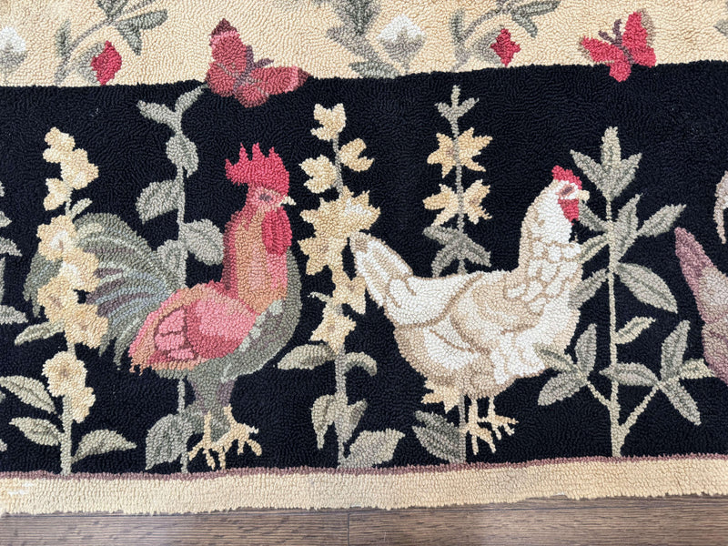 Vintage Hooked Rug 7x9, Rosters in Border, Roses and Butterflies by Jewel Rugs