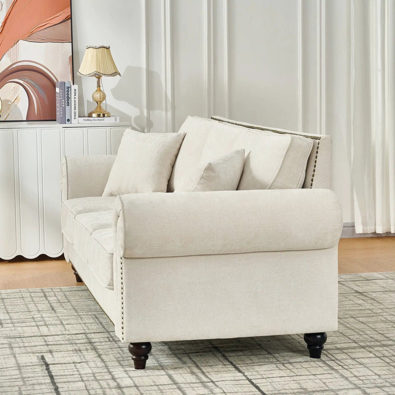 3 Seater Sofa With Tufted Upholstery, Rolled Arms, Nailhead Trim by HouseOfZazla