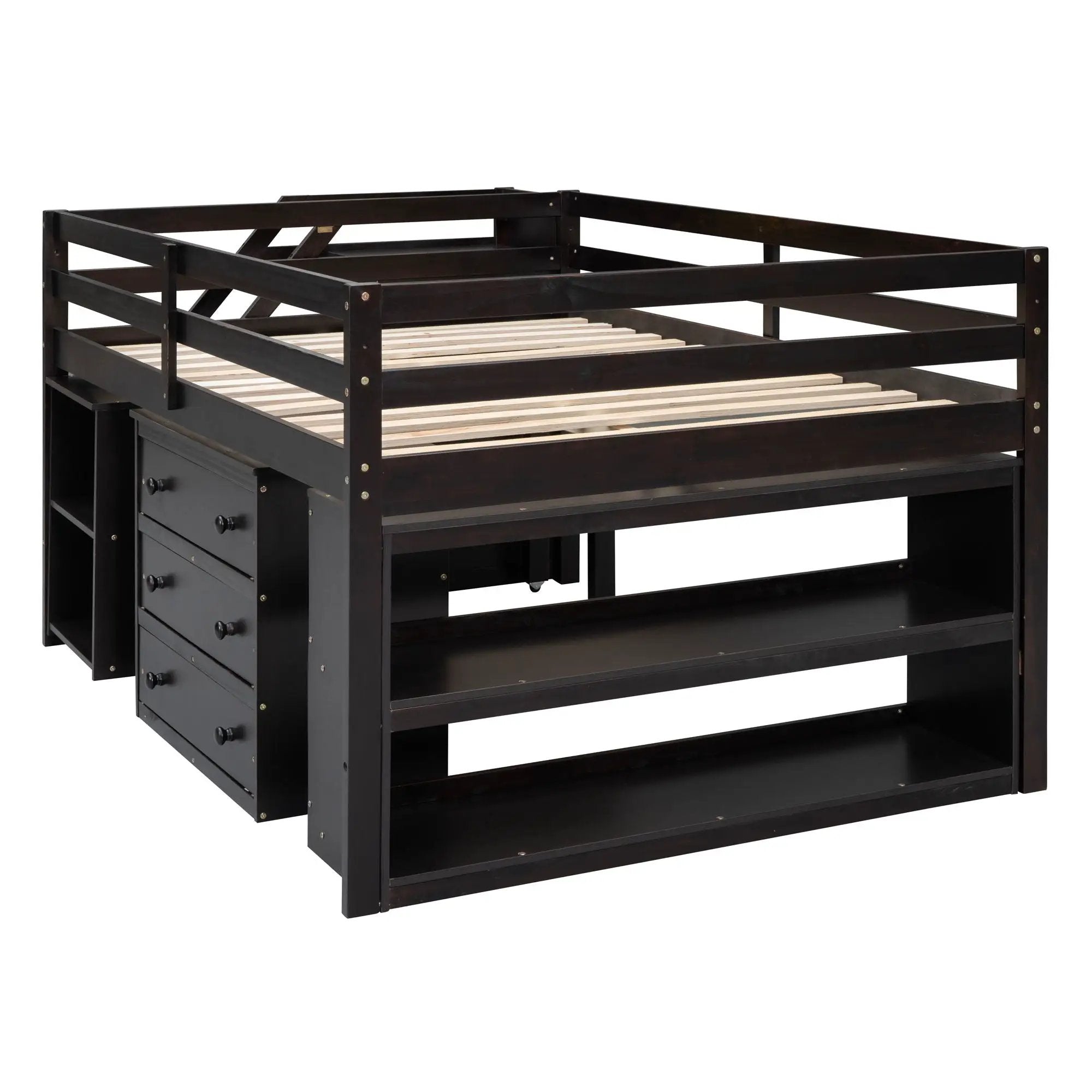 Loft Bed With Retractable Writing Desk And 3 Drawers With Storage Stairs And Shelves by HouseOfZazla