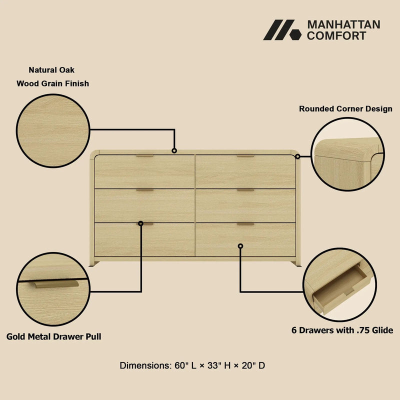 Grace - Double Dresser With 6 Drawers - Oak by HouseOfZazla