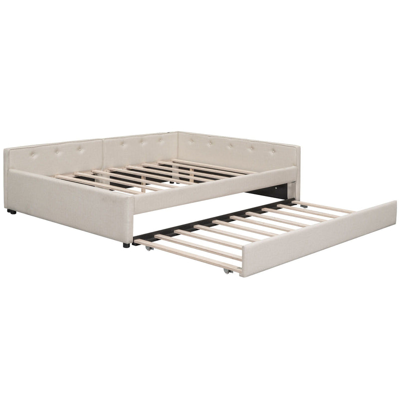 Queen Size Upholstered Platform Bed With USB And Twin Trundle - Beige by HouseOfZazla