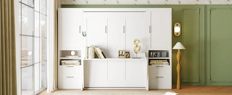 Queen Size Murphy Bed Wall Bed with Closet, Drawers and Shelves, White by HouseOfZazla