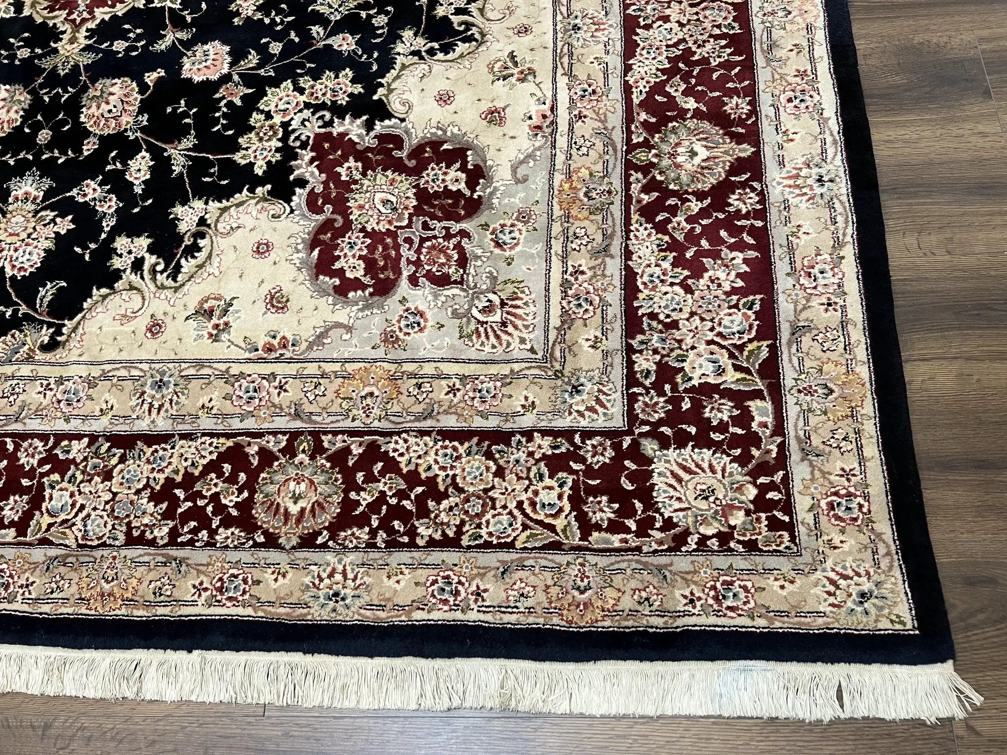 Pak Persian Rug 8.8 x 10.6, Floral Medallion, Wool and Silk Hand Knotted Fine Oriental Carpet, Elegant Rug, Black Gray Burgundy, Room Sized by Jewel Rugs