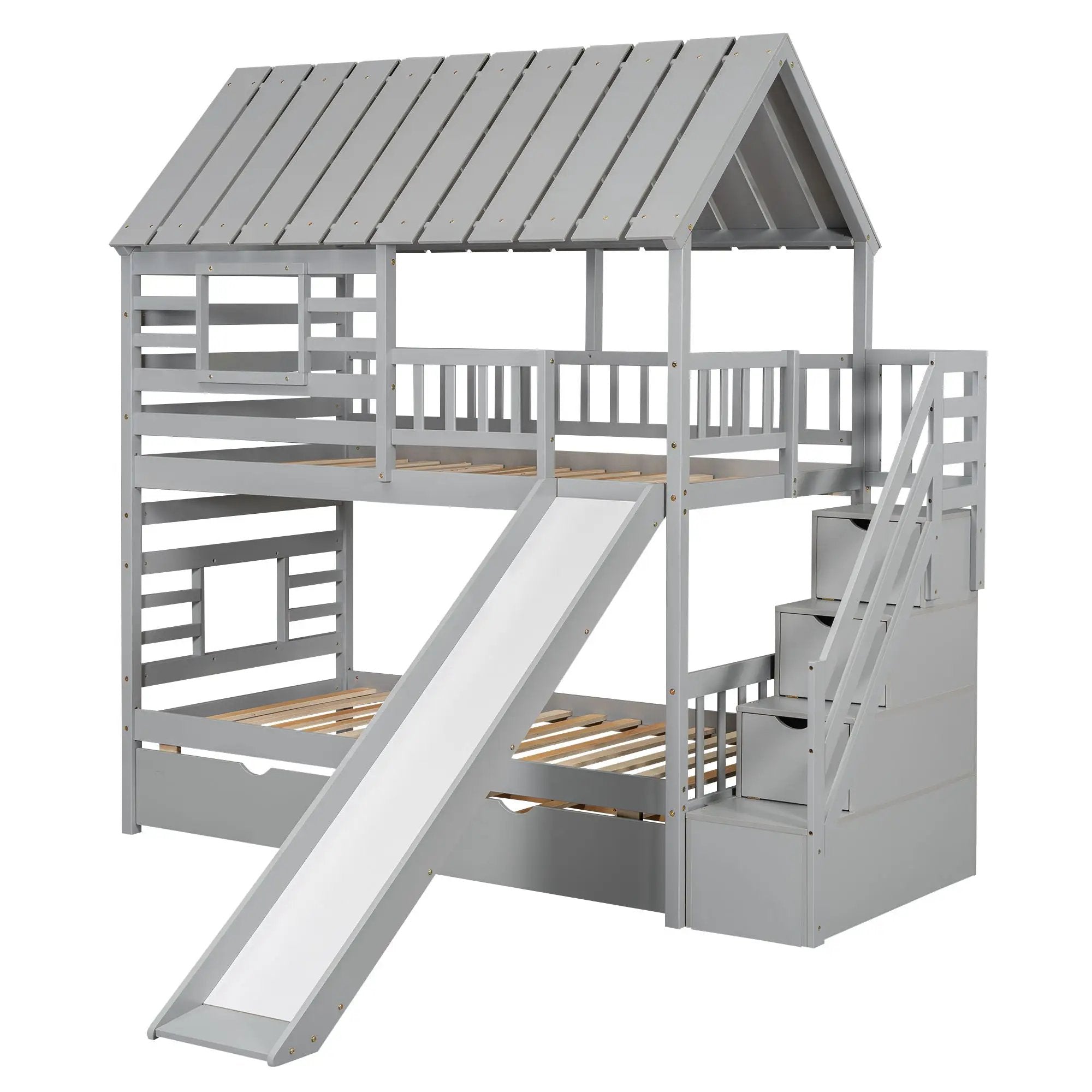 House Bunk Bed With Trundle, Storage Staircase, Roof And Window Design by HouseOfZazla