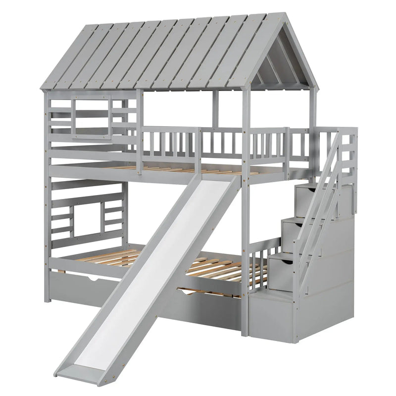 House Bunk Bed With Trundle, Storage Staircase, Roof And Window Design by HouseOfZazla