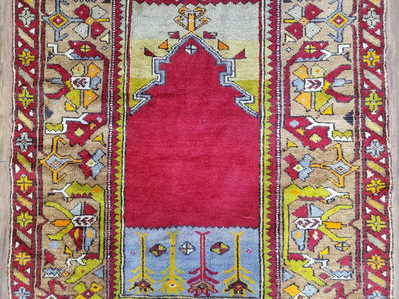 Antique Turkish Prayer Rug 3.8 x 5ft, Colorful Prayer Rug, Red Blue Gold Multicolor Turkish Anatolian Carpet, Handmade Hand-Knotted, Wool by Jewel Rugs
