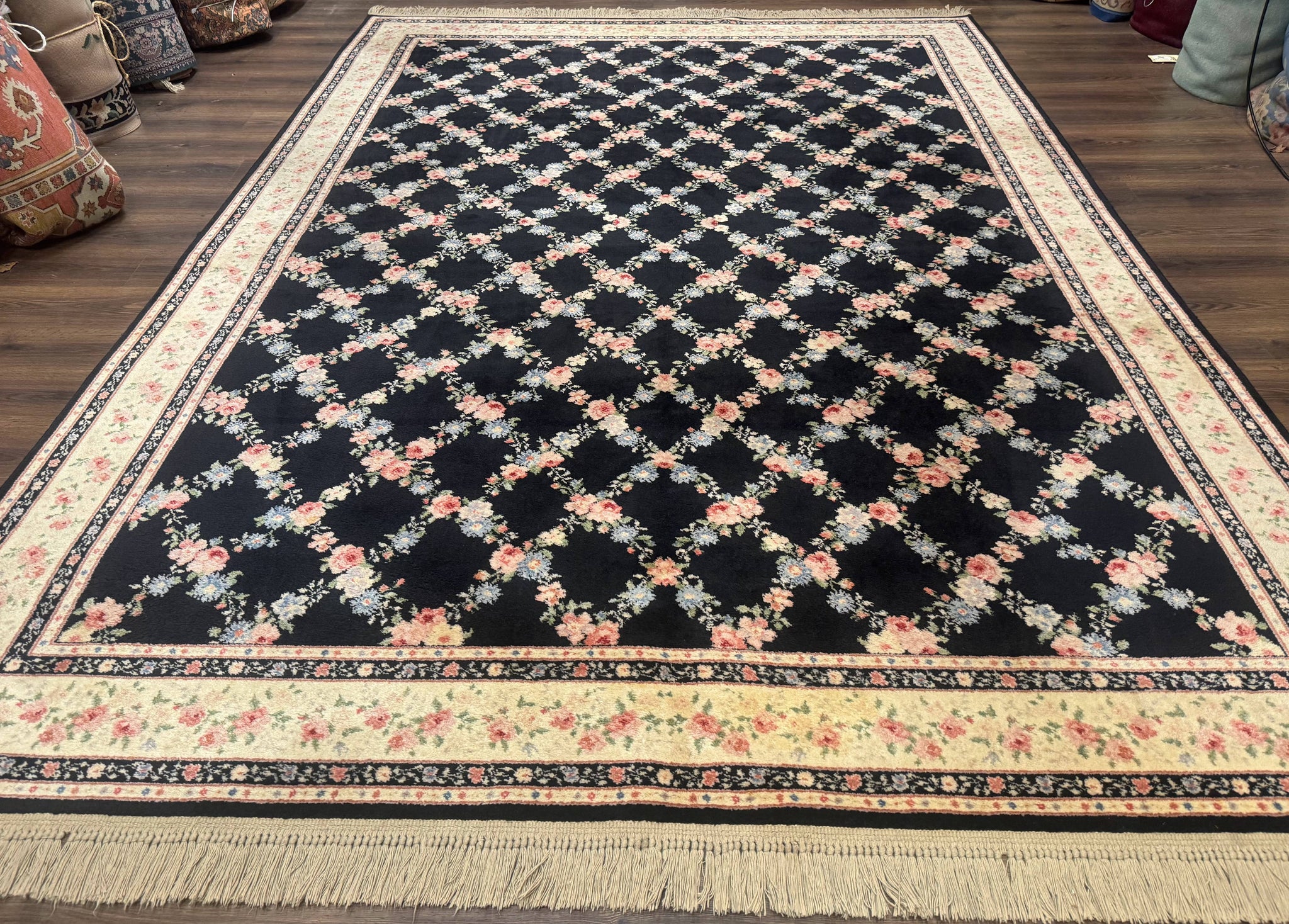 8.8 x 12 Karastan Garden of Eden Rug, Ebony Trellis #509/1270, Black, Floral, Wool Pile, Vintage, Discontinued by Jewel Rugs