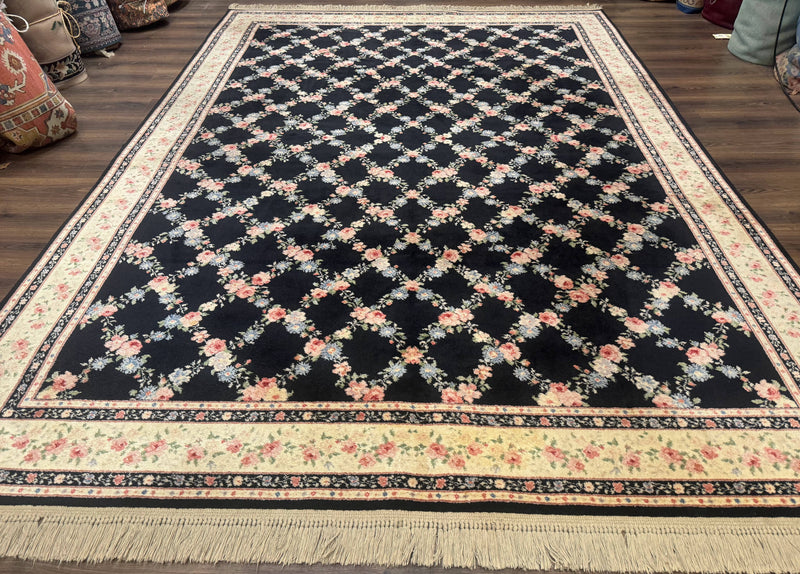 8.8 x 12 Karastan Garden of Eden Rug, Ebony Trellis #509/1270, Black, Floral, Wool Pile, Vintage, Discontinued by Jewel Rugs