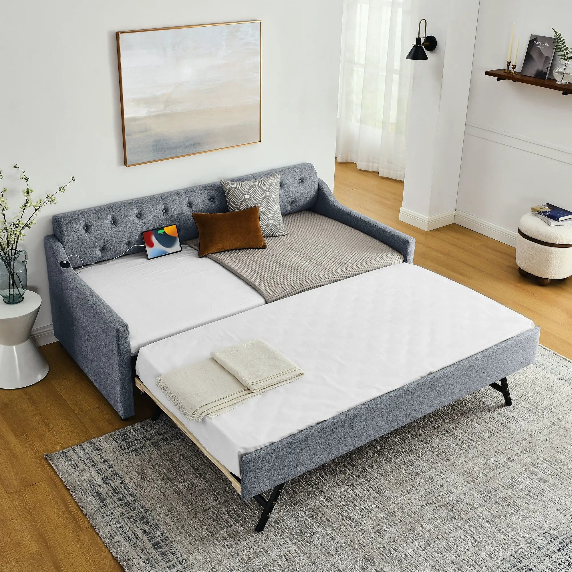 Size Upholstered Daybed With Trundle And USB Charging Armrest by Unique Piece Furniture