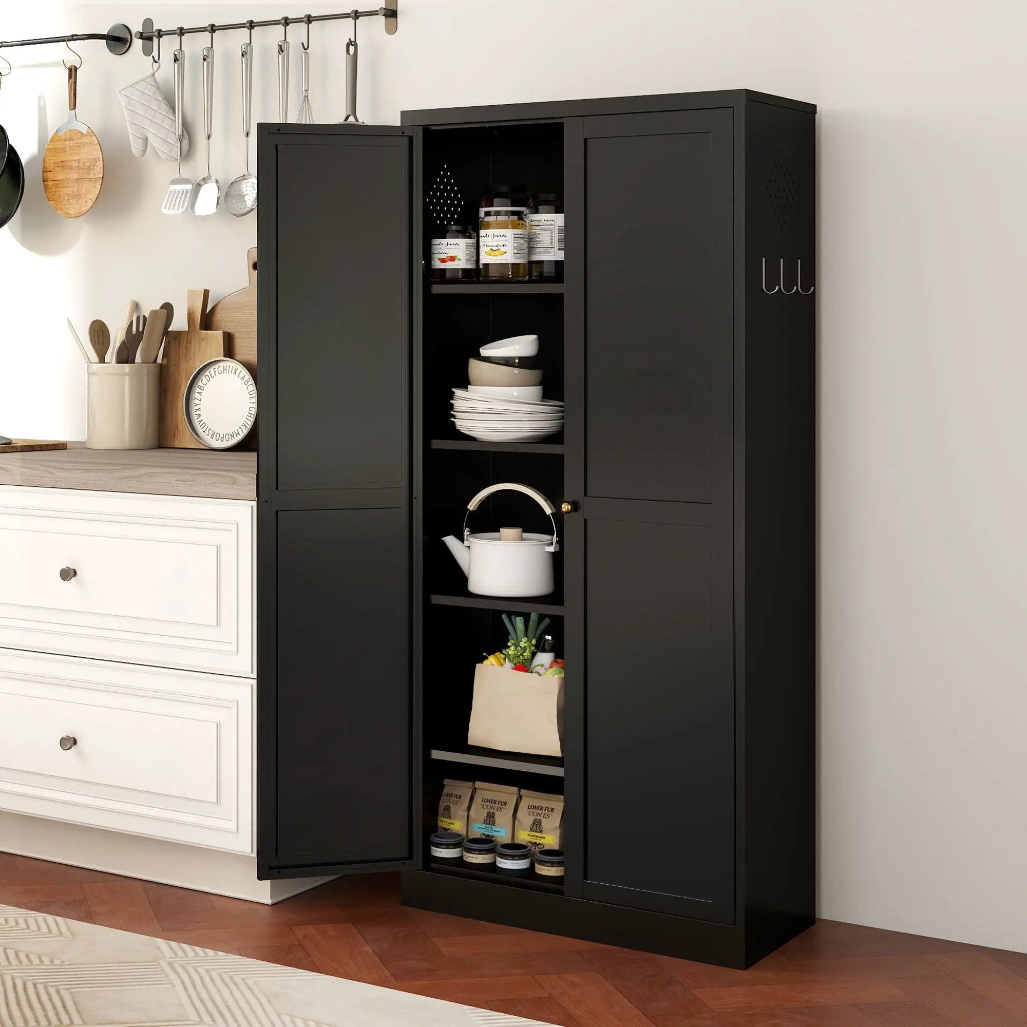 Kitchen Pantry Cabinet With 4 Adjustable Shelves, Heavy Duty Freestanding Organizer by Unique Piece Furniture