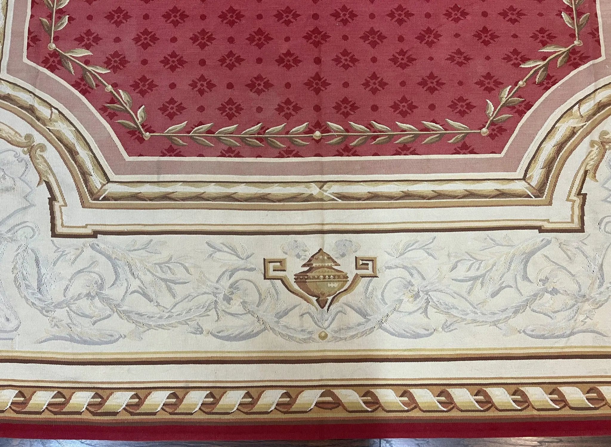 Aubusson Rug 9x12 ft, Red and Ivory Elegant Aubusson Carpet, Flatweave, Vintage Wool Handmade Area Rug 9 x 12, French European Design by Jewel Rugs