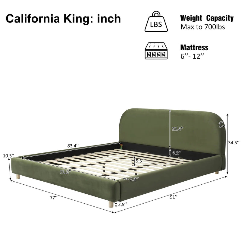 California King Size Upholstered Bed Frame With Velvet Fabric And Curve Design Thick Headboard, Solid Wood Legs, Olive by HouseOfZazla