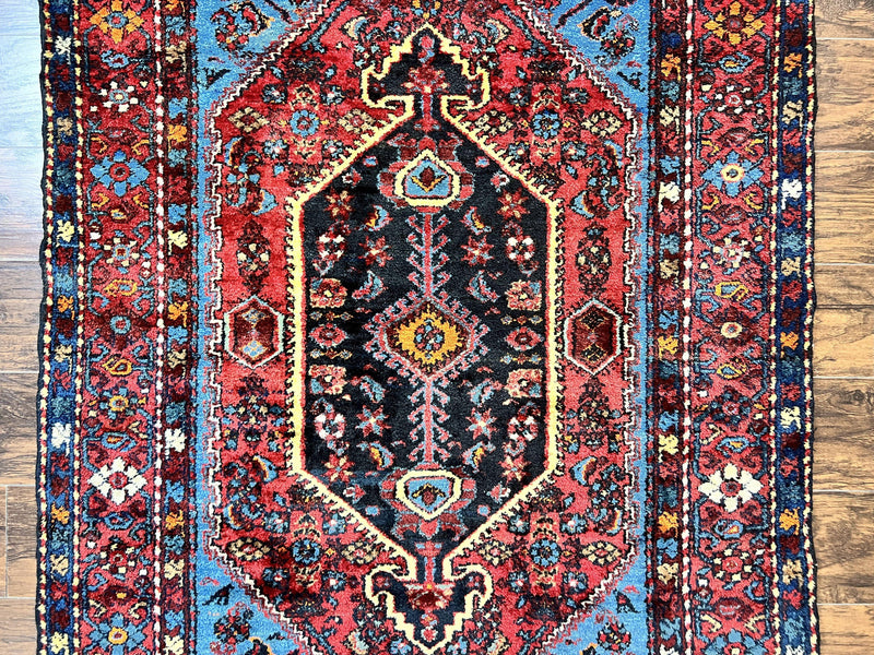 Antique Persian Tribal Rug 4x7, Wool Handmade 1920s Carpet, Red Blue, Persian Hamadan Rug by Jewel Rugs