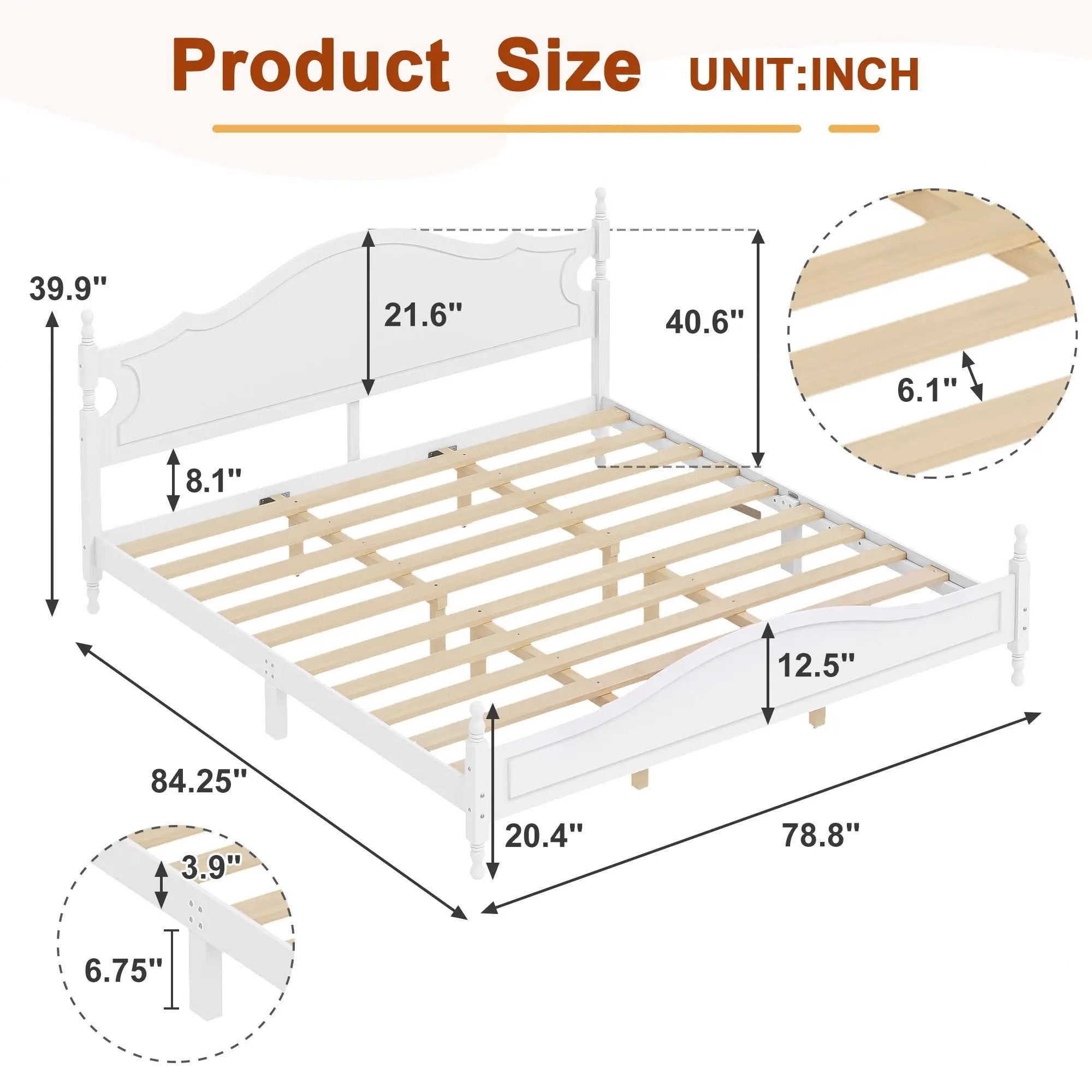 King Bed Frame with Headboard, Retro Style Wooden Platform Bed by HouseOfZazla