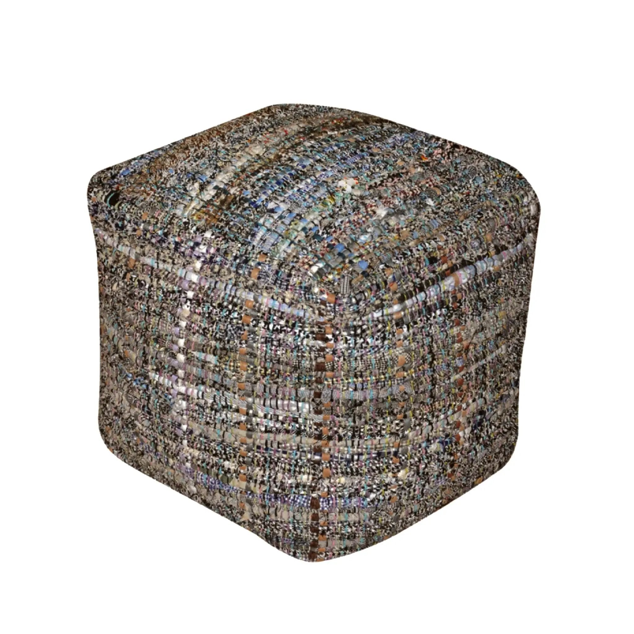 Koki - Handcrafted Fabric Pouf Recycled Denim And Paper Chindi - Khaki by Unique Piece Furniture