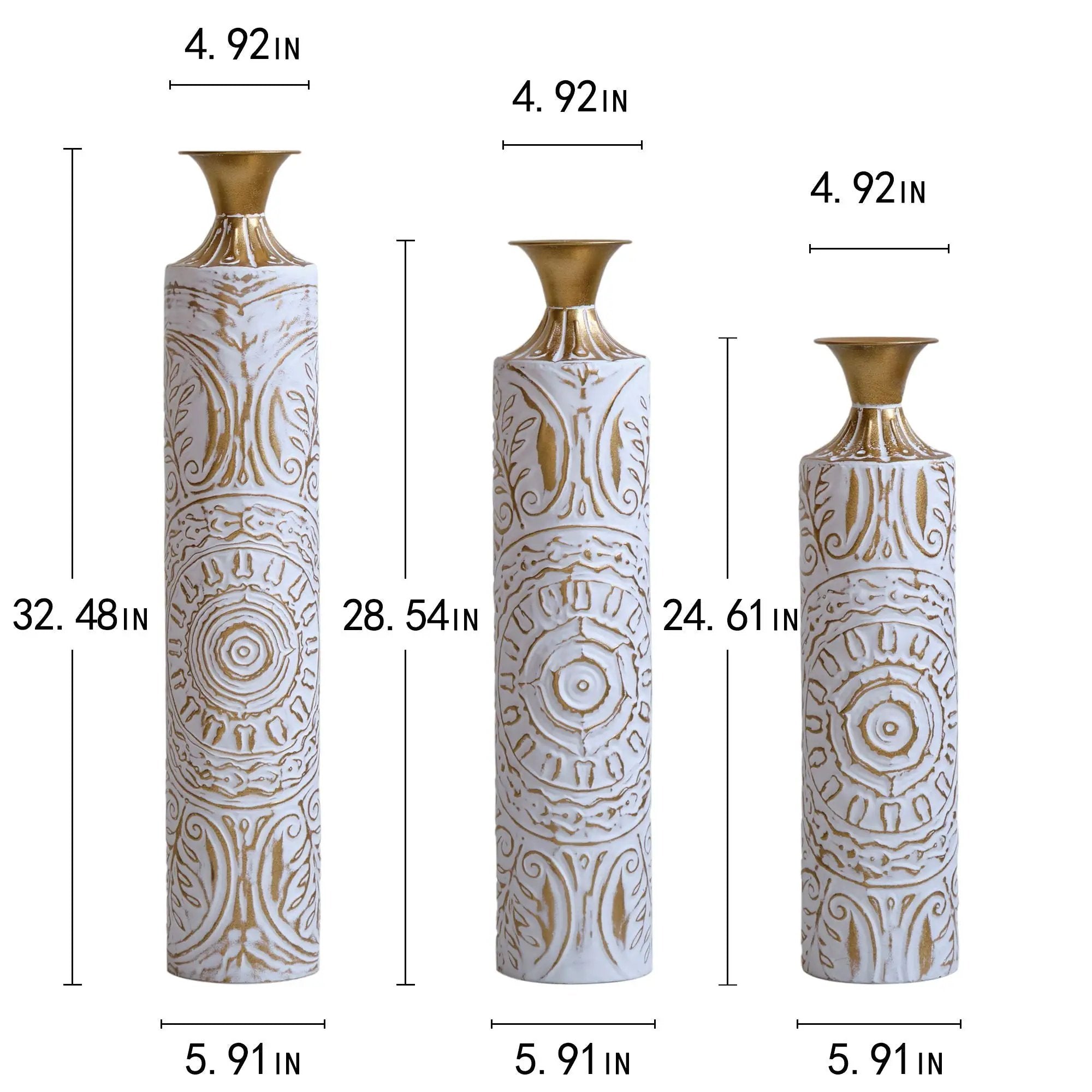 Floor Metal Vases Decorated Metal Vases (Set of 3) Gorgeous Home Decoration Large Glazed Metal Vases - White / Gold by HouseOfZazla